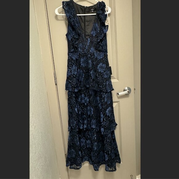 Lulus - NWT - Molinetto Navy Blue Lace Ruffled Tiered Sleeveless Maxi Dress - Picture 6 of 7